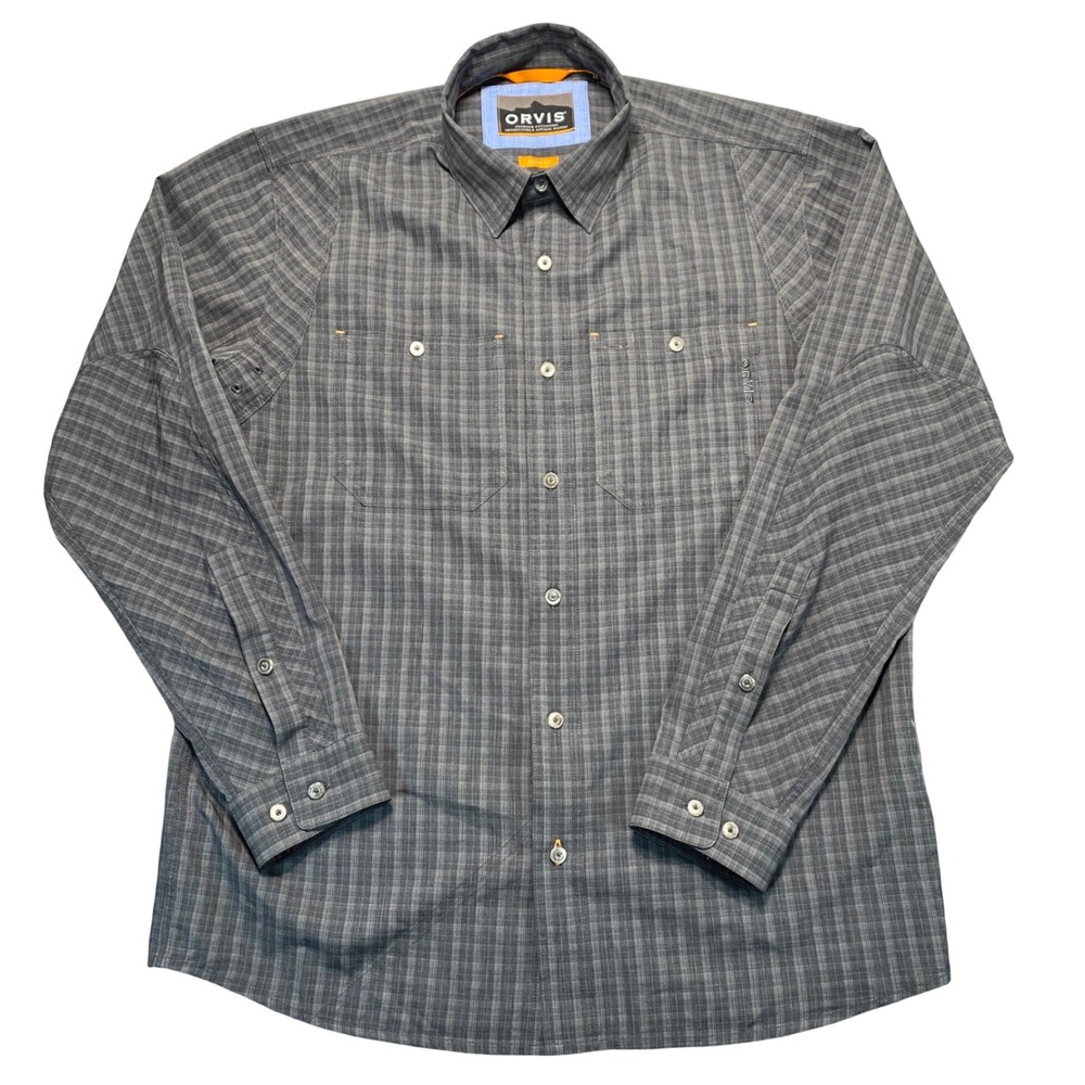 Orvis Active Fit Mens Medium Grey Plaid Long Sleeve Outdoor Fishing Shirt Vented